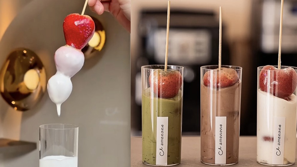 京都苹果糖专卖店「フルーツ饴STAND amenone 」，推出创新吃法：草莓糖葫芦沾酱？